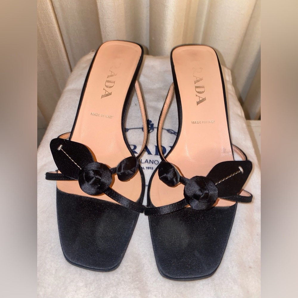 Authentic Vintage Prada Black Satin Embellished Rosette Sandal/Kitten Heels